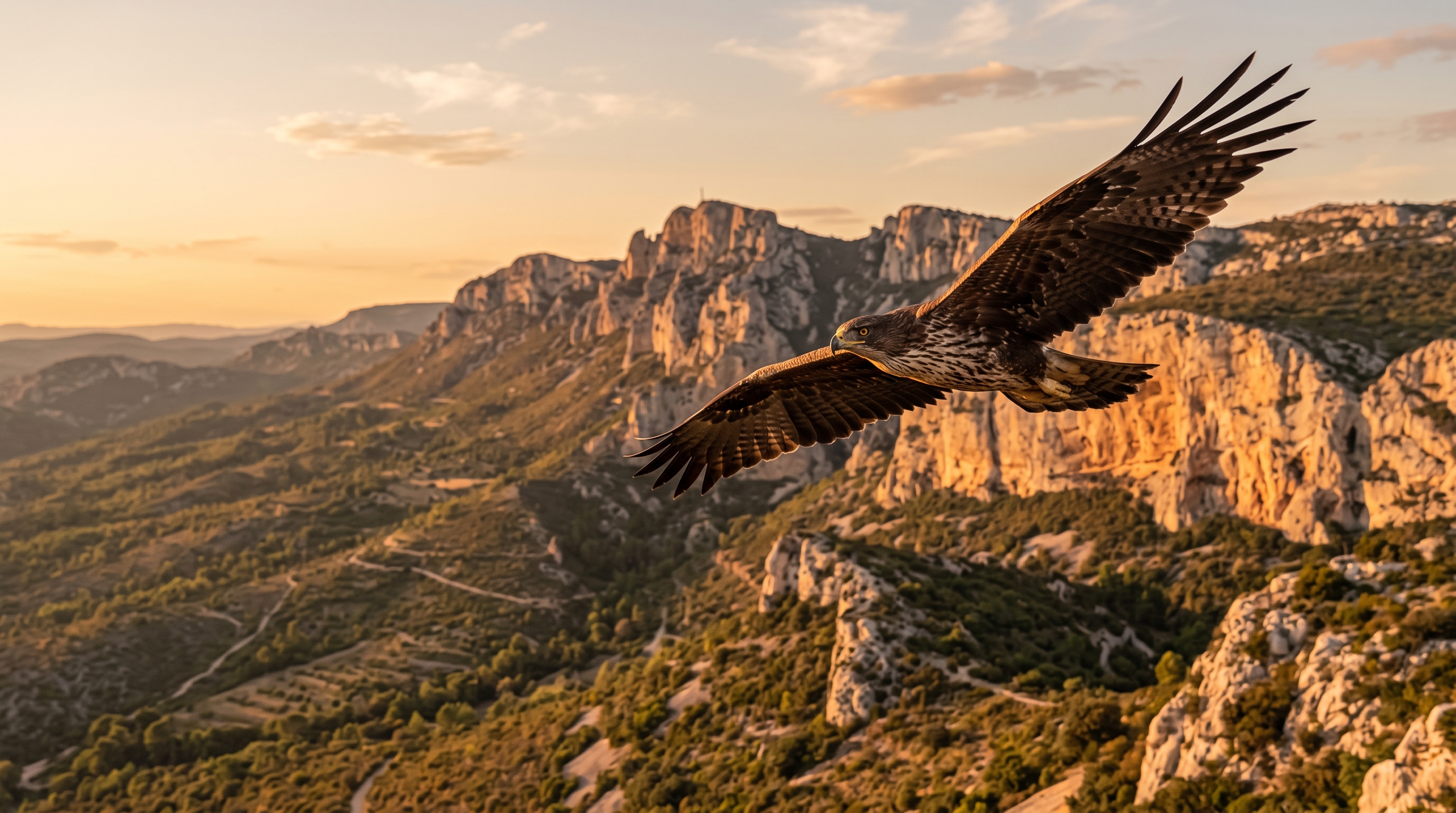 Aigle de Bonelli en vol au-dessus des falaises de Provence