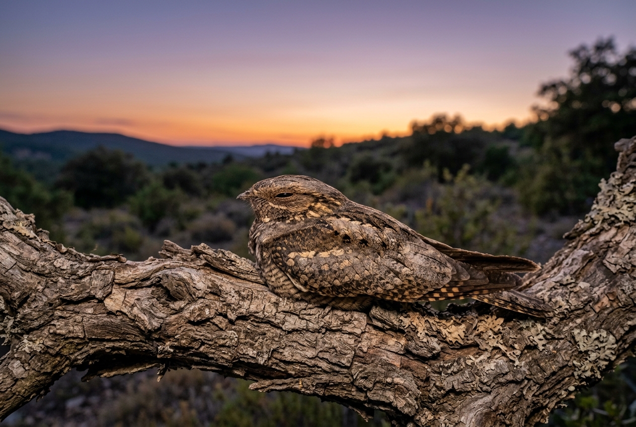 Engoulevent d'Europe sur une branche — camouflage parfait