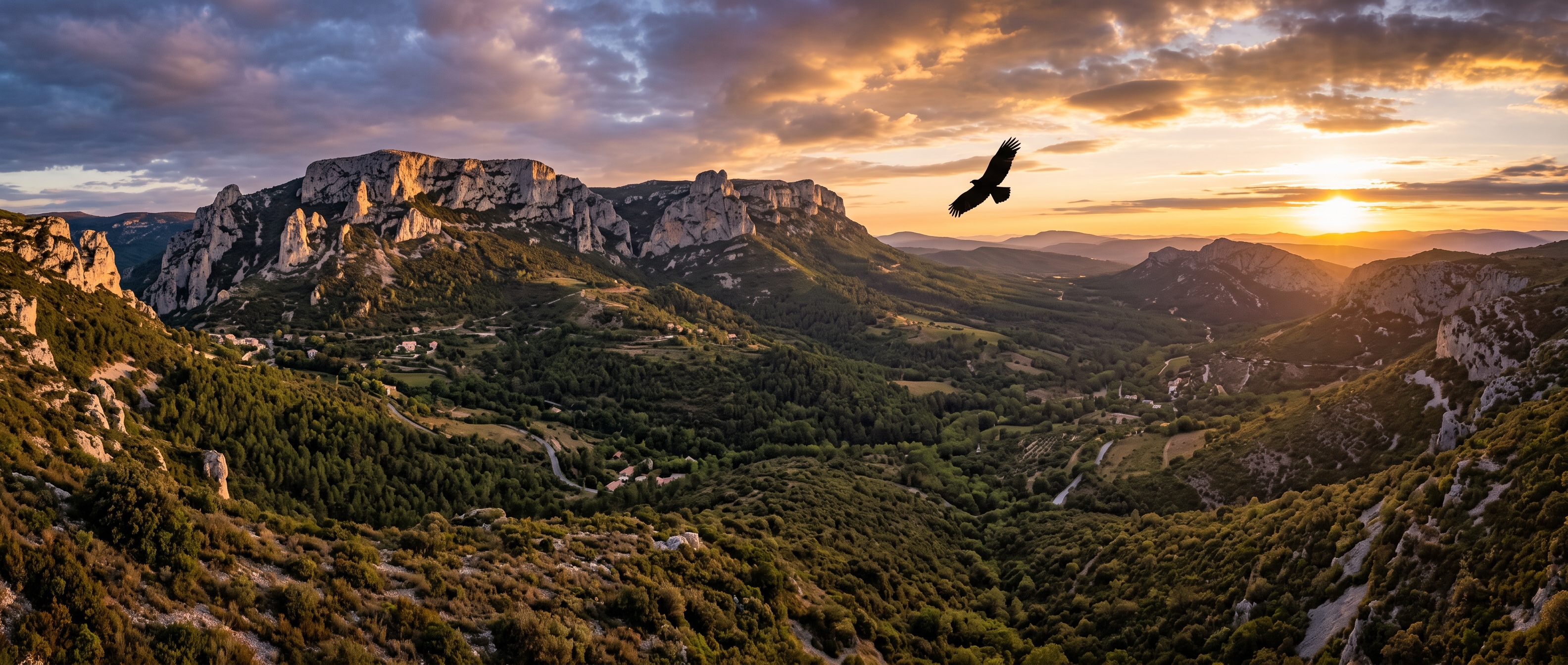 Paysage naturel d'Évenos au crépuscule — rapace en vol sur le plateau du Gros Cerveau