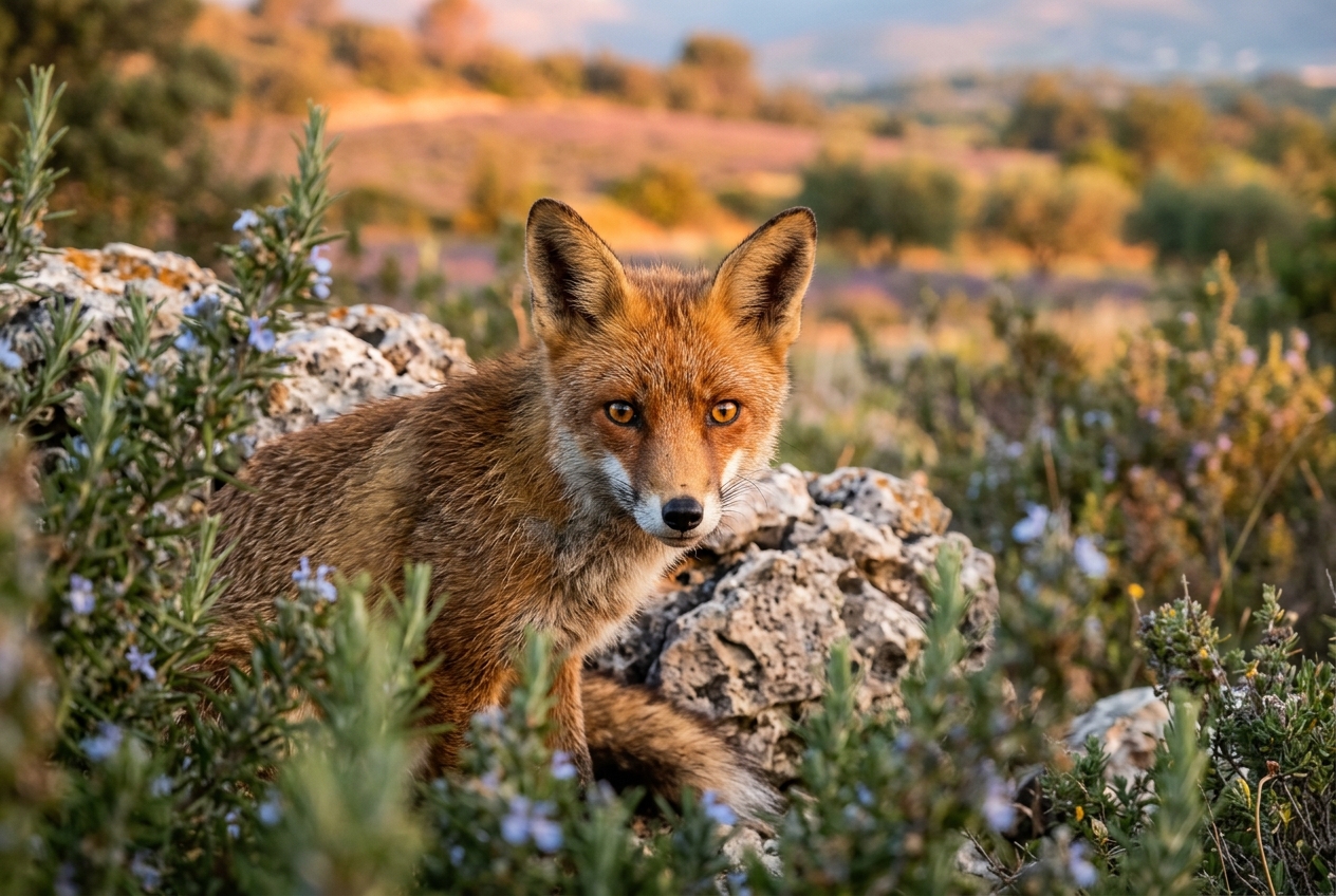 Renard roux dans la garrigue provençale au levier du soleil