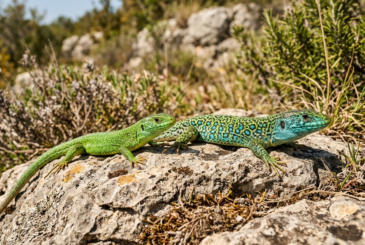 Lézard ocellé et lézard vert sur un rocher ensoleillé