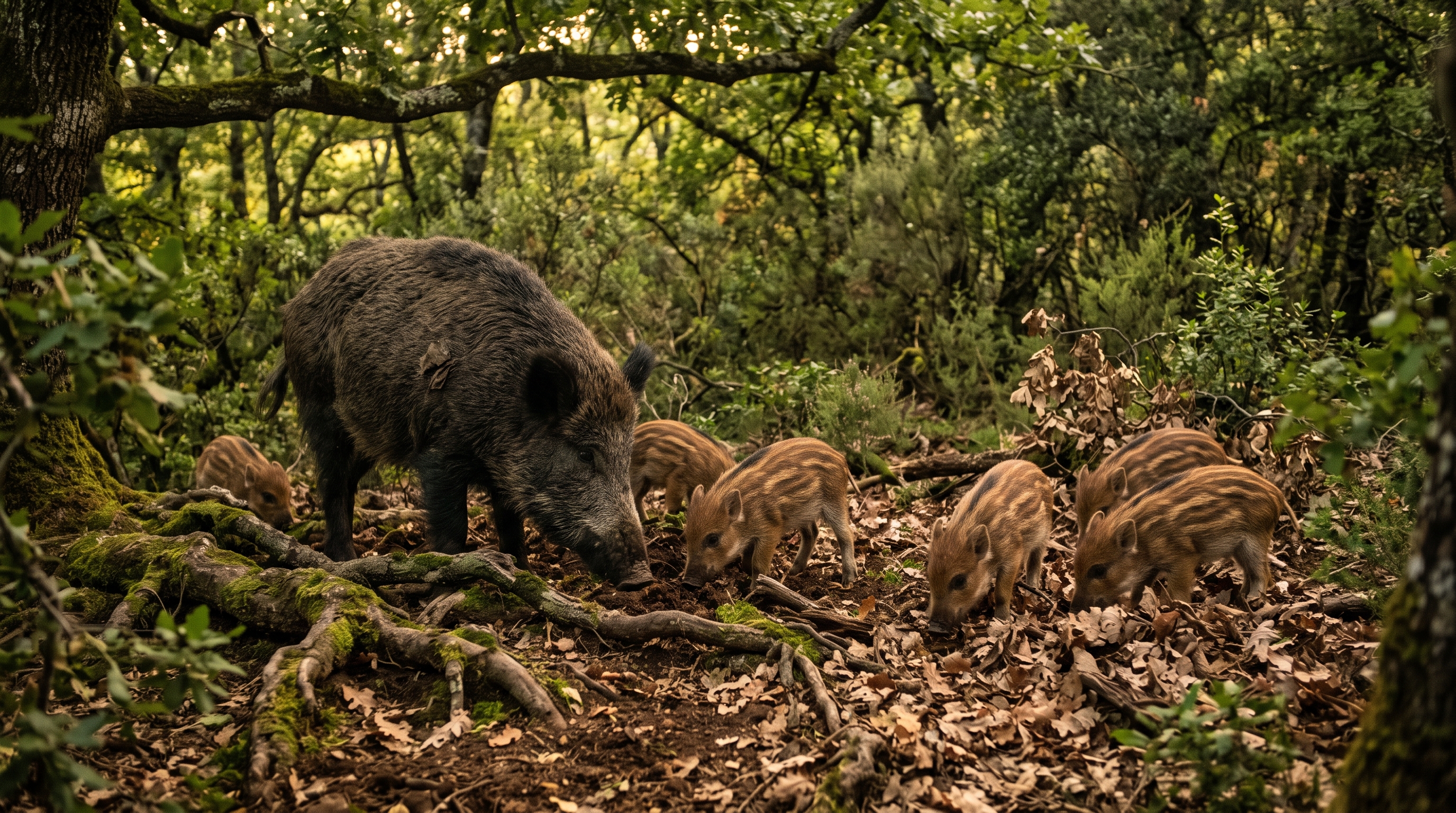 Famille de sangliers dans la forêt de chênes d'Évenos